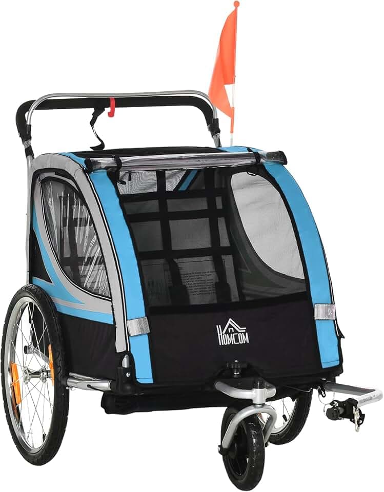 HOMCOM Rimorchio Bici per Bambini e Passeggino, Design 2 in 1 con Freno, Cintura a 5 Punti, Carrello Rimorchio per Bicicletta con Tasche Laterali, Catarifrangenti e Bandierina