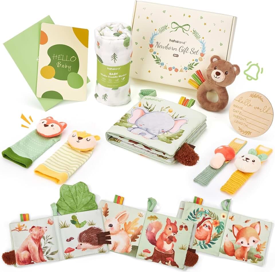 hahaland Regalo Nascita Bimba Bimbo - 9 in 1 Set Neonato Regalo Nascita con Libri Stoffa & Polso e Calzini Sonaglio Sensoriali & Mussole Neonato - kit Neonato per Baby Shower Unisex Global Recycled Standard