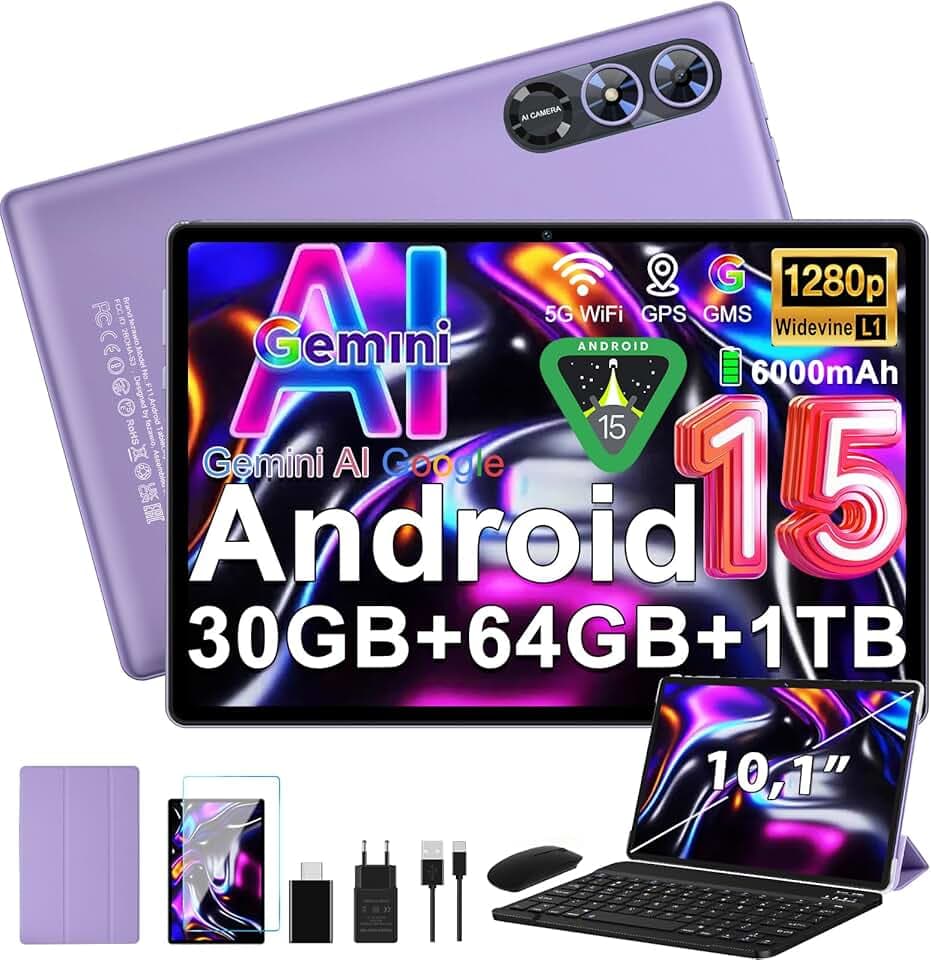 Android 15 Tablet 10 Pollici Gemini AI, Tablet PC Octa-Core, 30 GB RAM + 64 GB ROM (1TB TF), 3.5mm Audio/GMS/WiFi 6 & BT 5.0 / 6000mAh / GPS/Widevine L1,Tablets con Tastiera e Mouse-viola