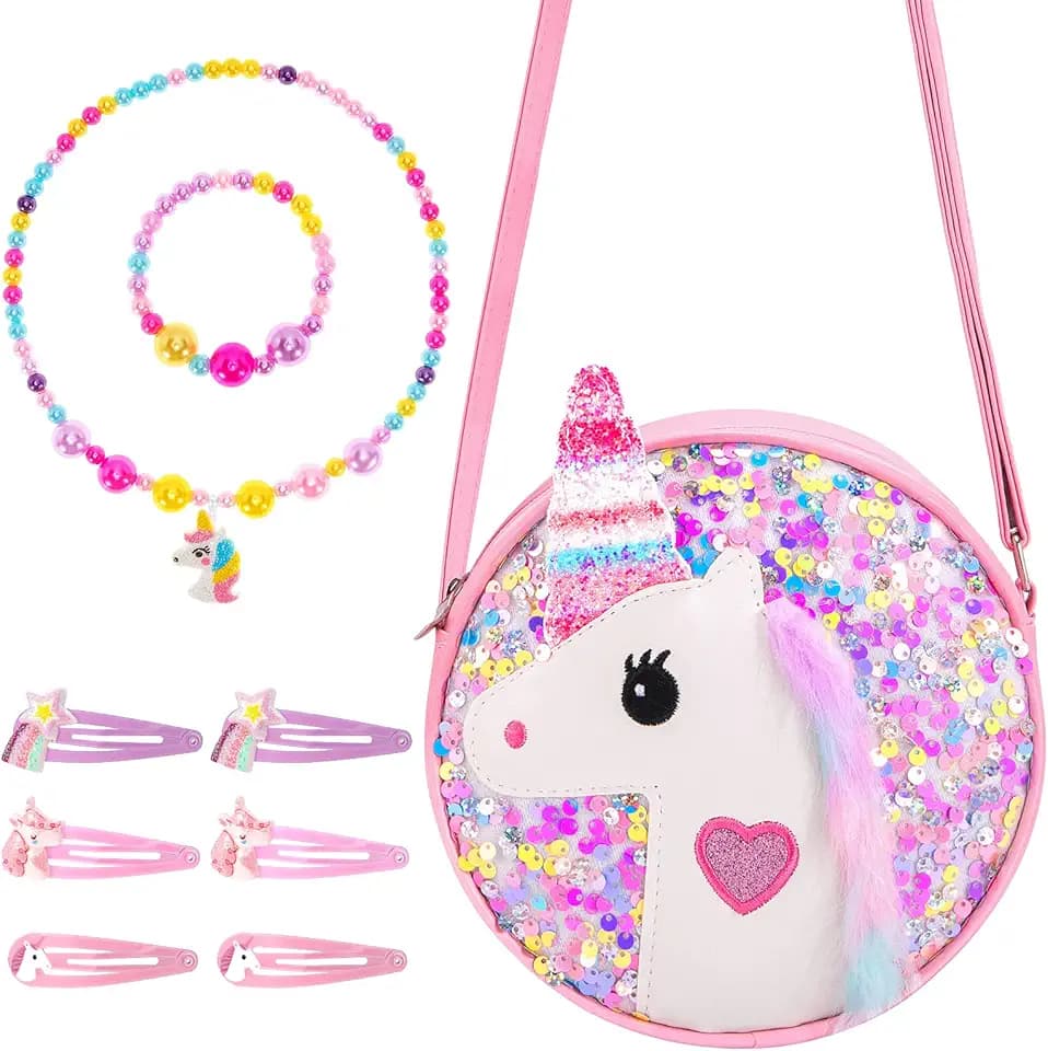 Hifot Hifot Unicorno Borsa Bambina Set Gioielli, Unicorno Borsetta Collana Bracciale Mollette per Capelli Accessori per Capelli per Ragazza, Principessa Vestire Gioielli Forniture per Feste