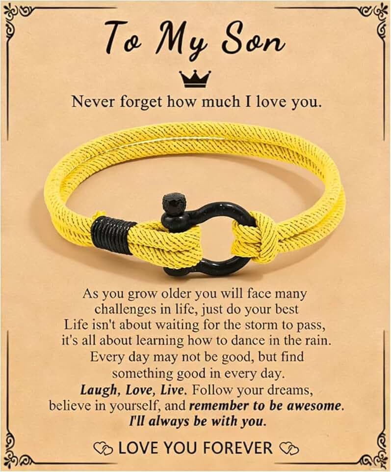 KOSLEOW Bracciale in Nera Artigianale per Figlio, Regalo Compleanno Ragazzi Anni, Regalo Ispirazionale Da Mamma e Papà, Con Targhetta, Braccialetto Personalizzato Uomo(YELLOW)