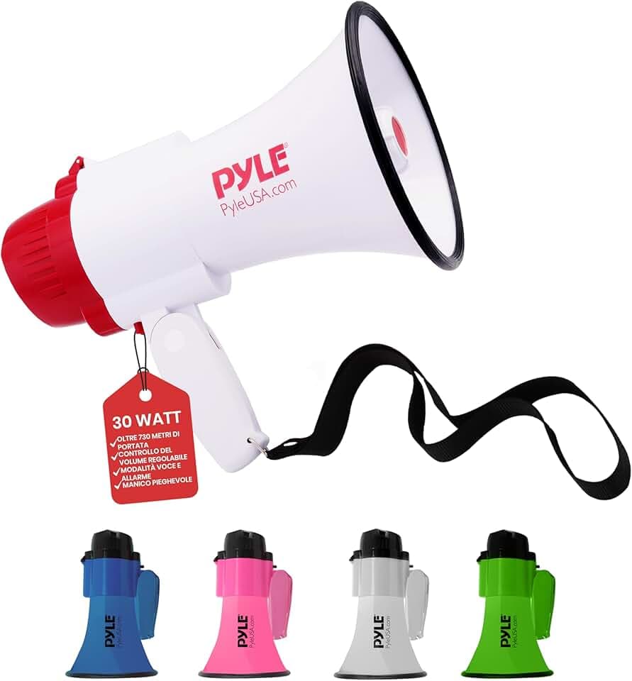 Pyle Megafono Portatile PA con Sirena Integrata, Megafono con Registratore Vocale 30 Watt e Portata 240 Metri, Ideale per Calcio, Basket, Hockey, Cheerleading, per Uso Polizia e Allenatori