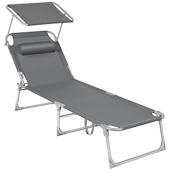 SONGMICS Lettino Prendisole, Sedia a Sdraio Pieghevole, 193 x 53 x 29 cm, Max Portata 150 kg, con Poggiatesta Parasole e Schienale Reclinabile, per Terrazzo Piscina Giardino, Grigio Scuro GCB19UV1