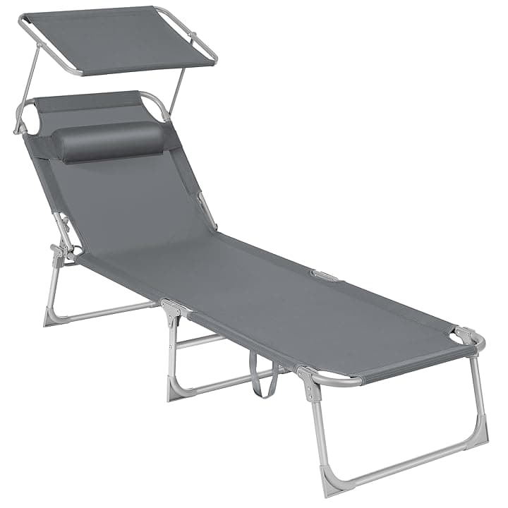 SONGMICS Lettino Prendisole, Sedia a Sdraio Pieghevole, 193 x 53 x 29 cm, Max Portata 150 kg, con Poggiatesta Parasole e Schienale Reclinabile, per Terrazzo Piscina Giardino, Grigio Scuro GCB19UV1