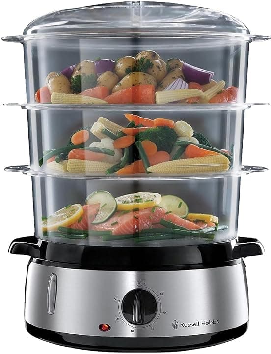 Russell Hobbs Vaporiera 9,0 l - Multicottura: 3 contenitori per cottura a vapore lavabili in lavastoviglie - Ciotola per Riso; 6 portauova; timer 60 minuti; Spegnimento automatico; No BPA, 19270-56
