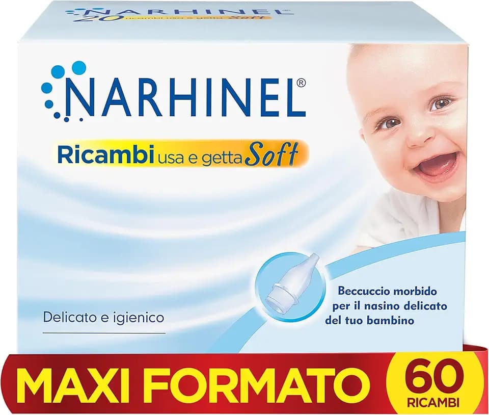 Narhinel MAXI FORMATO 60 Ricambi Morbidi per Aspiratore Nasale Neonati e Bambini con Filtro Igienico Assorbente per Trattenere il Muco, Pacco da 60 Ricambi Monouso