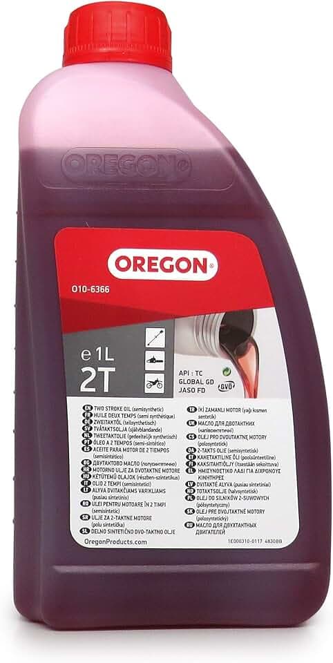 Oregon Olio Motore 2 Tempi, Lubrificante Minerale Automiscelante Semisintetico a Combustione Pulita e Basso Contenuto di Ceneri, Protegge il Motore e Massimizza le Prestazioni, 2 T, 1 Litro (O10-6366)