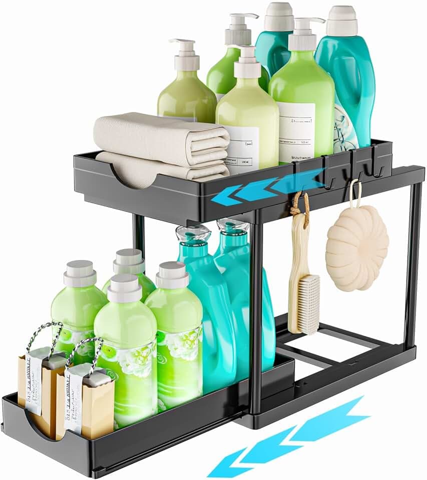 ARSTPEOE Organizer Sottolavello Cucina - Cassetto Estraibile, Scaffale Cucina a 2 Livelli, Mobile Sottolavello con Ganci, Organizer Cassetti, Nero, 1 Pezzi