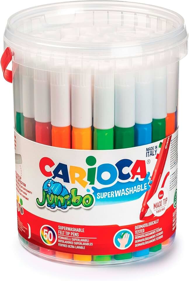 CARIOCA Jumbo | Pennarelli Lavabili per Bambini in Barattolo con Maniglia, Set Pennarelli Punta Grossa, 50 Colori