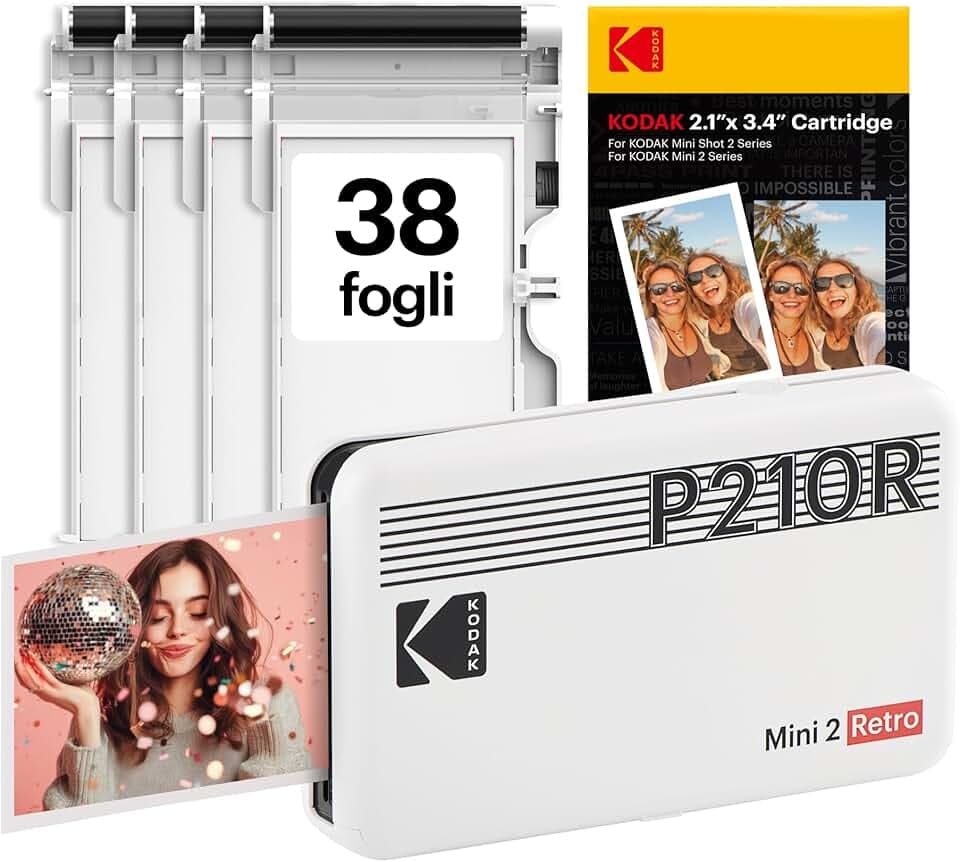 KODAK Mini 2 Retro 4PASS Stampante Fotografica Portatile (5.3x8.6cm) + Pacchetto con 38 Fogli, Bianco