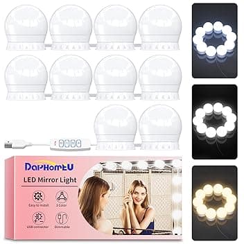 daphomeu USB Luci per Specchio da Trucco, 10 Lampadine Dimmerabili, Luci da Specchio Hollywood con 3 Modalità Colore, Make Up Luce a LED per Trucco Cosmetico Bagno