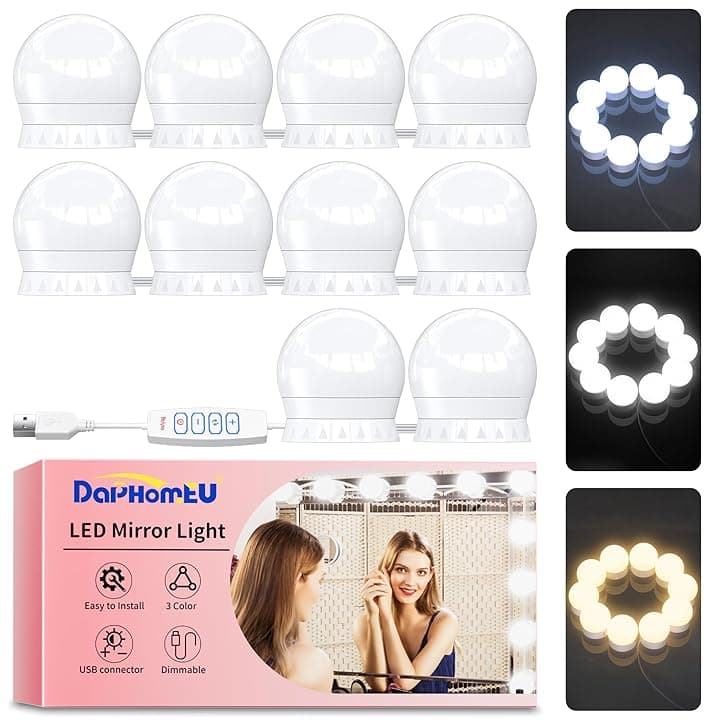 daphomeu USB Luci per Specchio da Trucco, 10 Lampadine Dimmerabili, Luci da Specchio Hollywood con 3 Modalità Colore, Make Up Luce a LED per Trucco Cosmetico Bagno