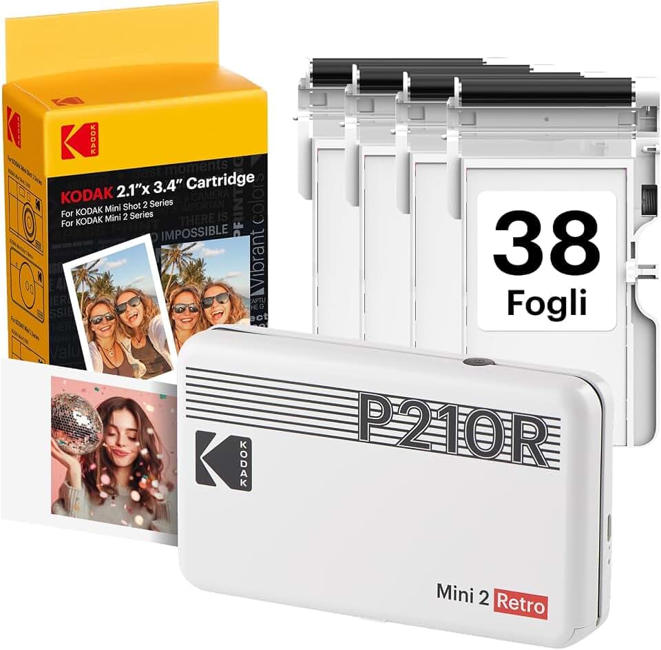 KODAK Mini 2 Retro 4PASS Stampante Fotografica Portatile (5.3x8.6cm) + Pacchetto con 38 Fogli, Bianco