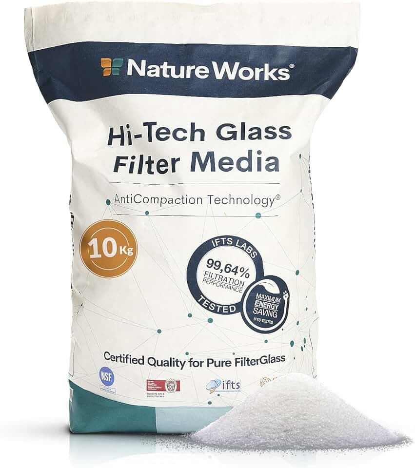 NATURE WORKS Sabbia Filtrante di Vetro per Piscina con Un Potere di Filtrazione del 99,64%, Prodotto con Vetro Tecnico Vergine per la Massima Igiene - Sacchetto da 10 kg
