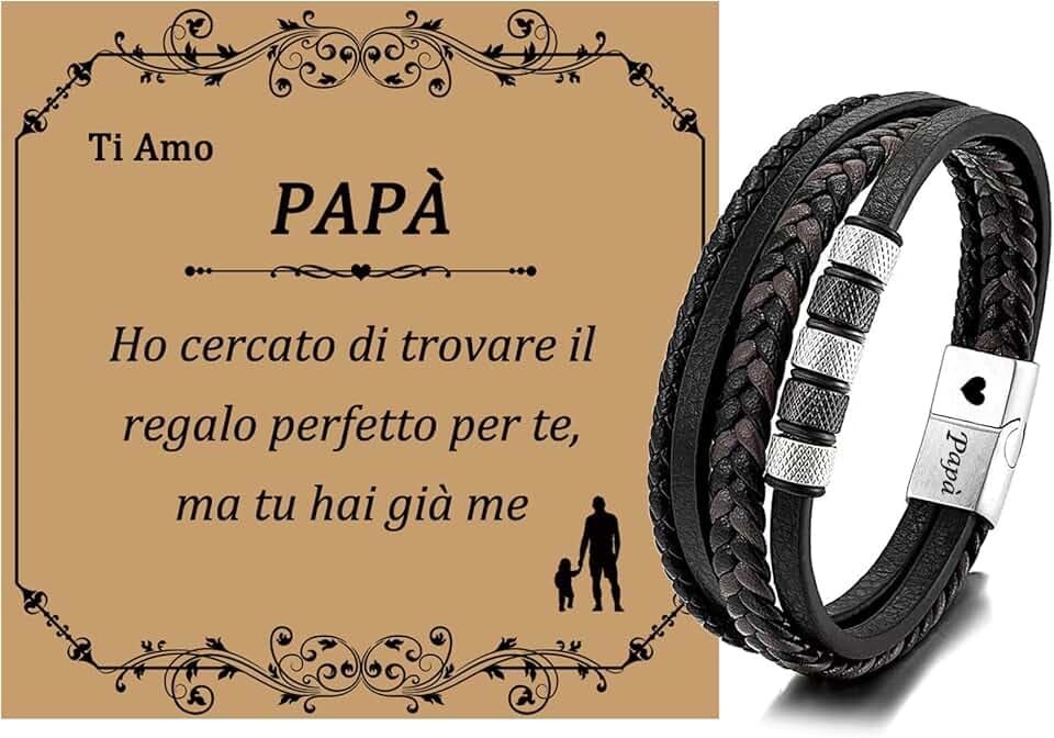 JSNOM Bracciale Regalo Festa del Papà: Bracciali Gioielli in pelle Intrecciata Regalo di Natale Compleanno, Braccialetto pelle Regali per la festa del Papà