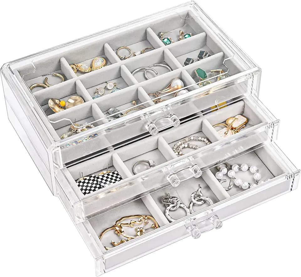 ProCase ProCase Porta Orecchini Organizer, Porta Gioielli da Cassetto con Divisori Regolabili, Porta Orecchini Chiuso da Camera, Vassoi per Gioielli Anelli Orecchini 3 Strati - Grigio