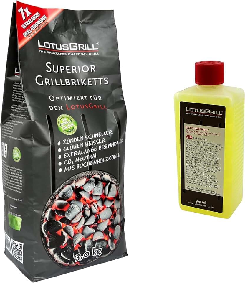 1 biscotto LotusGrill Superior BBQ da 3 kg + 1 pasta combustibile LotusGrill da 500 ml – CO2 neutro, si accende rapidamente, tempo di combustione