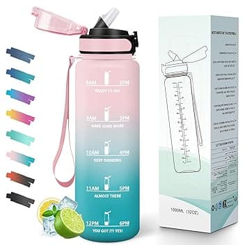 Borraccia con Cannuccia, 1 Litro BPA Free, Borraccia Palestra, Scala Temporale, Borracce Motivazionale, con Bocca Larga e Coperchio Antigoccia, Bottiglia Acqua, Ideale per Scuola, Ufficio, Palestr