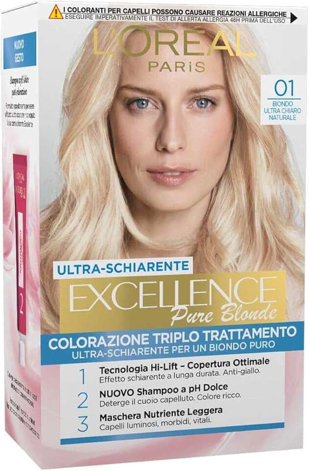 L'Oréal Paris Excellence Creme, Tinta Colorante con Triplo Trattamento Avanzato, Copre i Capelli Bianchi per un Risultato a Lunga Durata, 01 Biondo Ultra Chiaro Naturale