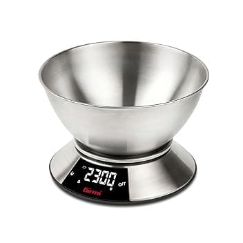 Girmi PS86 Bilancia da Cucina, Grande ciotola 2 L, Corpo e Ciotola INOX, Grande Display 58 x 30 mm, Misurazione 1gr/5Kg, Funzione Tara