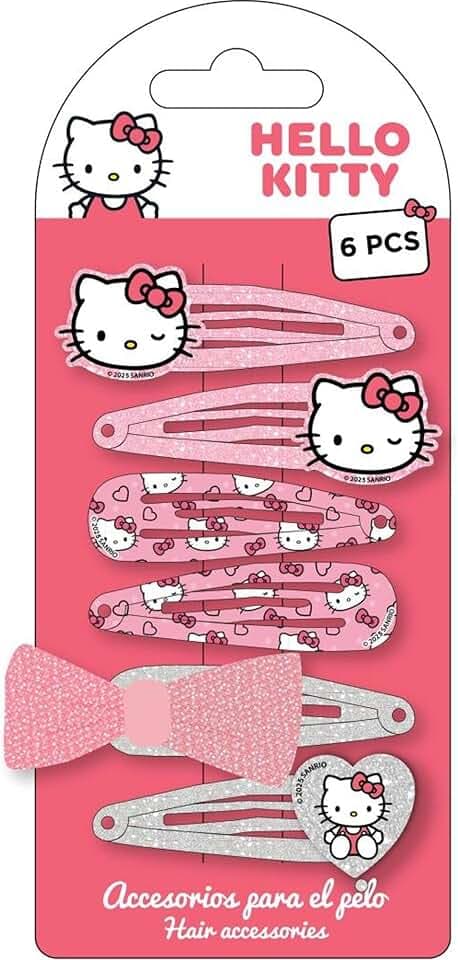 CERDÁ LIFE'S LITTLE MOMENTS Hello Kitty 6 pezzi ganci per capelli per ragazze | Set di spille metalliche rosa con glitter, fiocco decorativo e disegni originali Sanrio