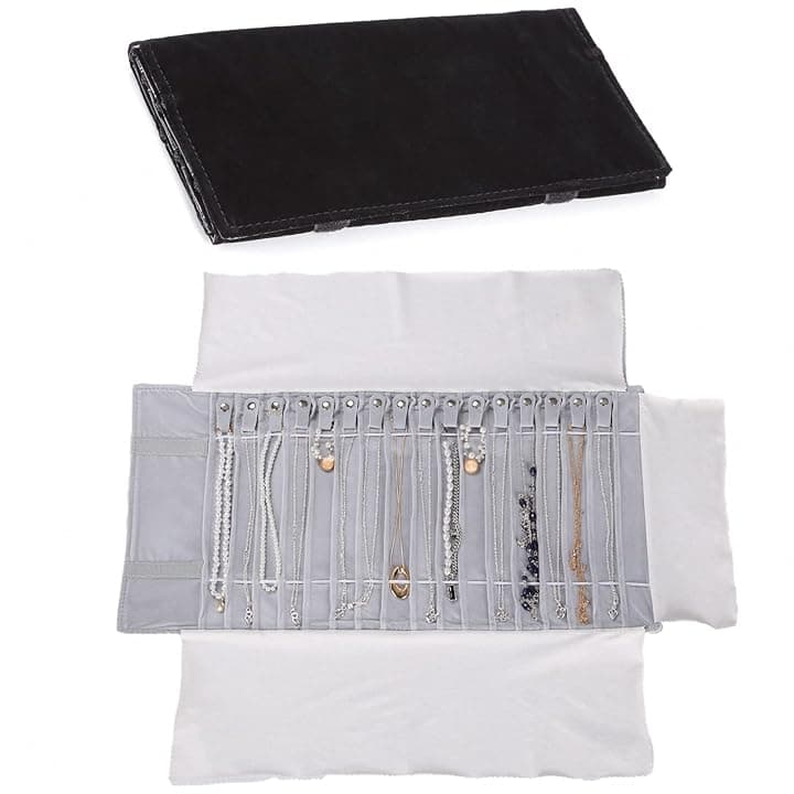 UdaLen Borsa a Rullo per Organizer per Gioielli, Rotolo Pieghevole per Gioielliere Grande Capacità e Pratico Portatile,per Più Collane, Braccialetti,Grigio,Flannel