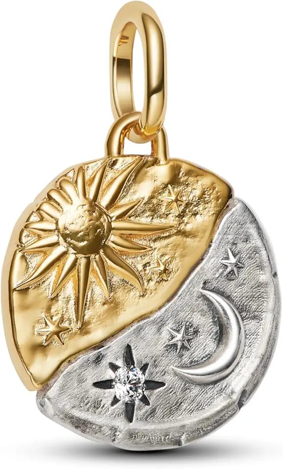 PANDORA Me 763977C01 - Ciondolo a forma di sole e luna in argento sterling con lega di metallo placcata in oro 14 carati, compatibile con Me e Moments