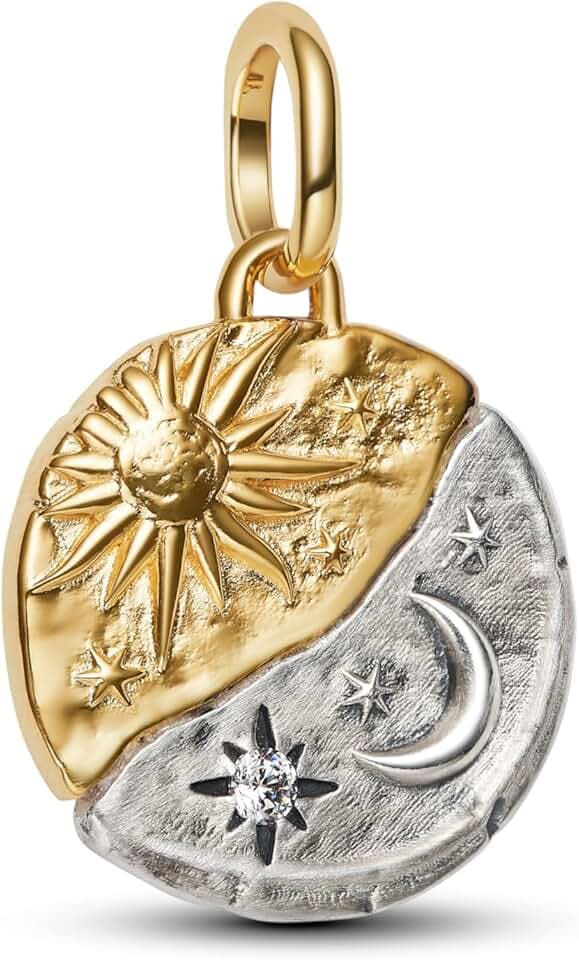 PANDORA Me 763977C01 - Ciondolo a forma di sole e luna in argento sterling con lega di metallo placcata in oro 14 carati, compatibile con Me e Moments