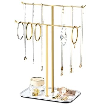 pickpiff pickpiff Espositore per gioielli con barra a T a 2 livelli con vassoio per riporre collane, bracciali, orecchini, cassettiera, lavabo da bagno, oro