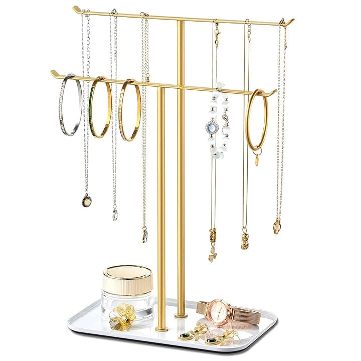 pickpiff pickpiff Espositore per gioielli con barra a T a 2 livelli con vassoio per riporre collane, bracciali, orecchini, cassettiera, lavabo da bagno, oro