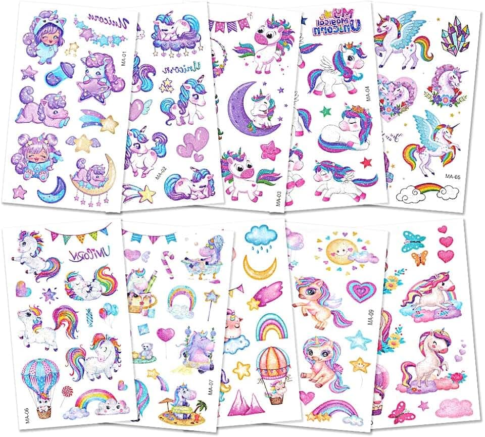 Tatuaggi Temporanei per Bambini, 100+ Styles Brillante Unicorno Tatuaggi Finti Modello, Cartoni Tatuaggi Temporanei Set per Ragazza Bambini Adulti Festa Compleann Regalo Giocattolo (A)