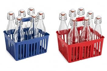 2 set Portabottiglie 2 cestelli in plastica 6 posti con 12 bottiglie in vetro 1litro costolata con tappo ermetico pressione