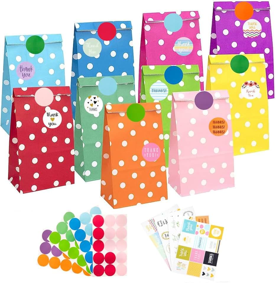 PAKNOR® Sacchetti di carta, 40 sacchetti regalo colorati con 96 adesivi, sacchetti di caramelle per confezionare regali, regali di compleanno per bambini, matrimoni, feste, ecc