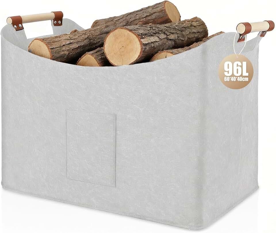 Cestino in Feltro 96L, Cesto per Legna, Cestino pieghevole per legna da ardere, in feltro extra spesso, manico rinforzato, per shopping, legno, giornali (1 Confezione - Grigio Chiaro)