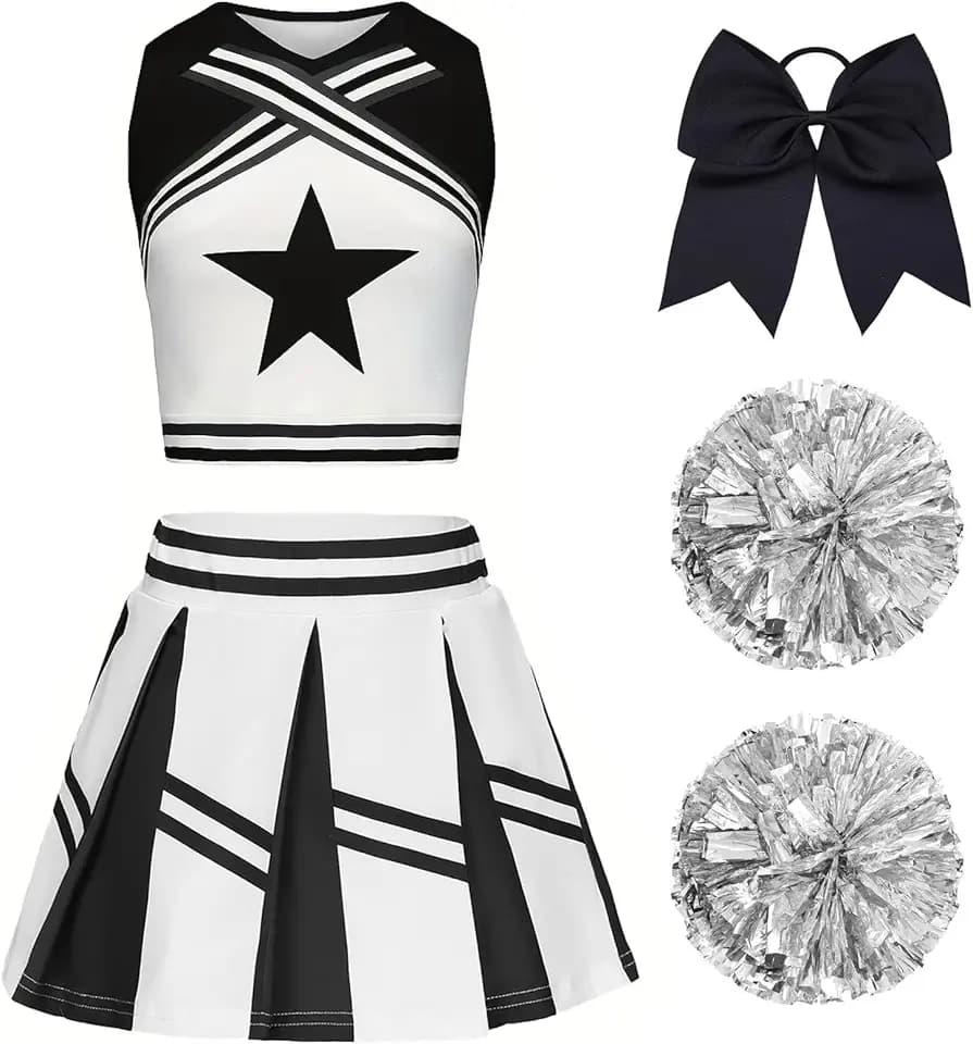 Vestito Cheerleader Bambina Costume da Cheerleader per Ragazze Bambini con Pon Pon Cheerleader e cerchietto per capelli Uniforme da Cheerleader Bambina per Carnevale Compleanno Halloween Feste Cosplay