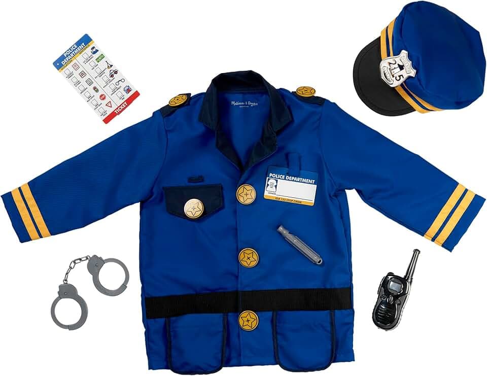 Melissa & Doug Costume da Poliziotto per Bambini - Divisa Gioco con Accessori, Costume Unisex, Gioco di Imitazione, Costumi di Halloween o Carnevale, Regalo per Bambini e Bambine, 3+ Anni