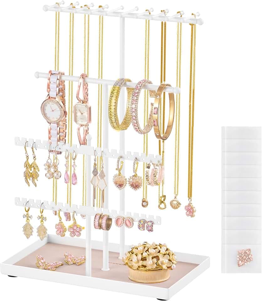 SONGMICS Portagioie, Porta Collane e Orecchini, Struttura in Metallo, Vassoio in Velluto, Espositore per Collane Bracciali Orecchini Anelli, Idea regalo, Bianco Opaco JJS036WG03