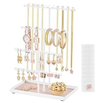 SONGMICS Portagioie, Porta Collane e Orecchini, Struttura in Metallo, Vassoio in Velluto, Espositore per Collane Bracciali Orecchini Anelli, Idea regalo, Bianco Opaco JJS036WG03