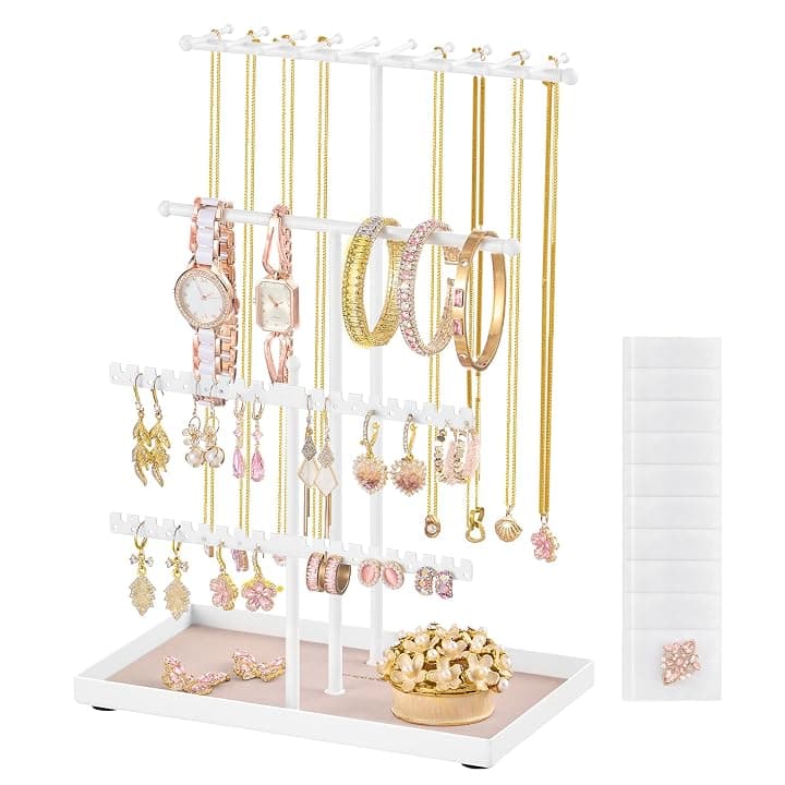 SONGMICS Portagioie, Porta Collane e Orecchini, Struttura in Metallo, Vassoio in Velluto, Espositore per Collane Bracciali Orecchini Anelli, Idea regalo, Bianco Opaco JJS036WG03