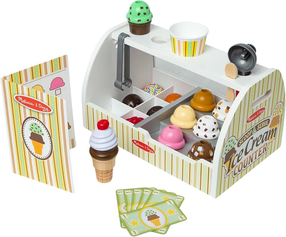 Melissa & Doug Banchetto dei Gelati - Gelateria in Legno, Giocattolo Gelato Finto, Gioco di Imitazione Montessori, Regalo per Bambini e Bambine, 3+ Anni