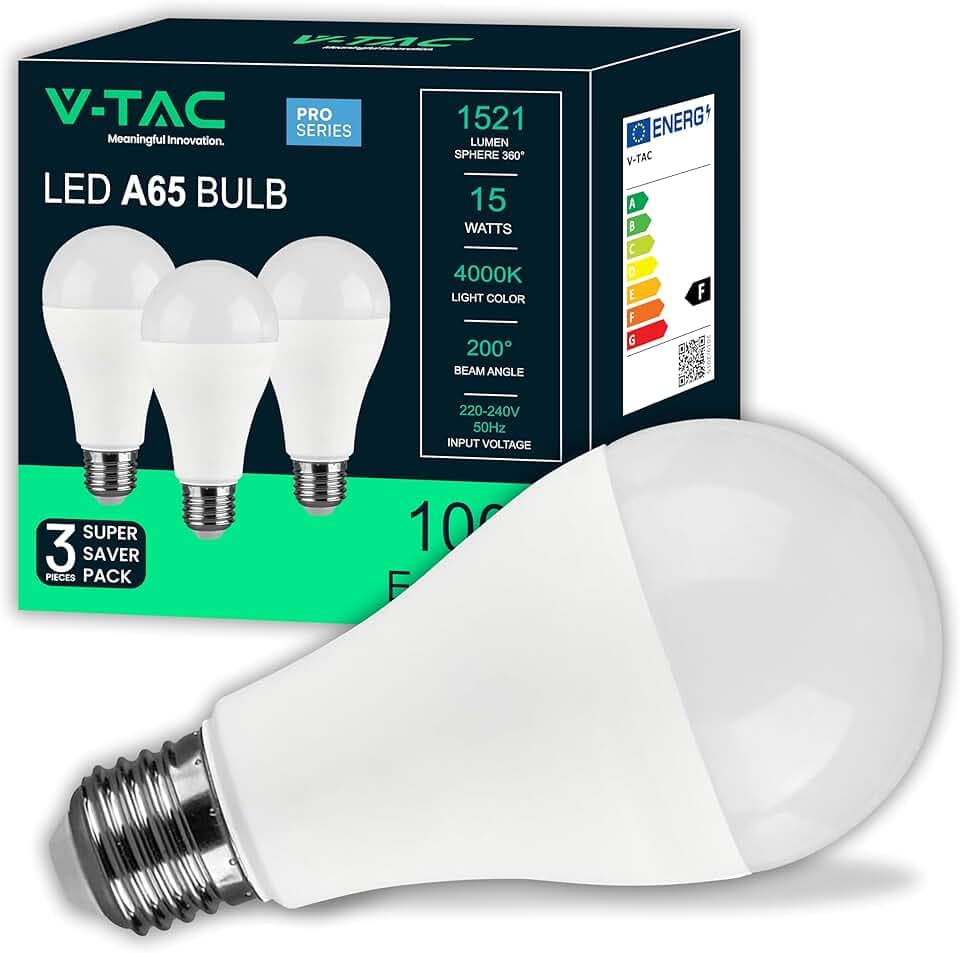 V-TAC 3x Lampadine LED 15W ad Alta Luminosità 1521 Lumen - E27 A65 - Lampadine Nuova Generazione - 4000K Luce Bianco Naturale - Equivalenti a 100W - Box da 3