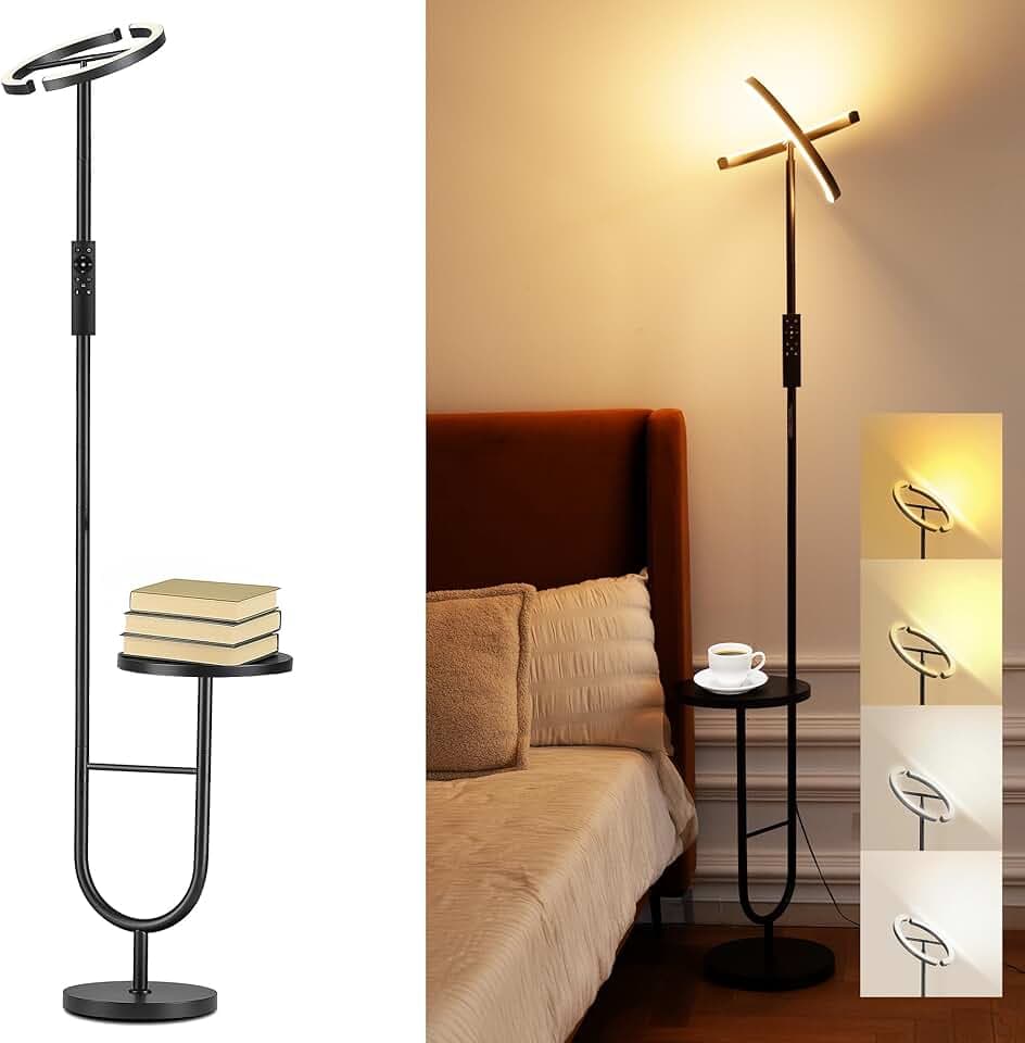 Lampada da Terra LED con Tavolino – 36 W dimmerabile con Telecomando e Touch, Testa Girevole 360°, 2700K-6500K, Lampada Moderna Nera per Soggiorno e Ufficio, 175 cm
