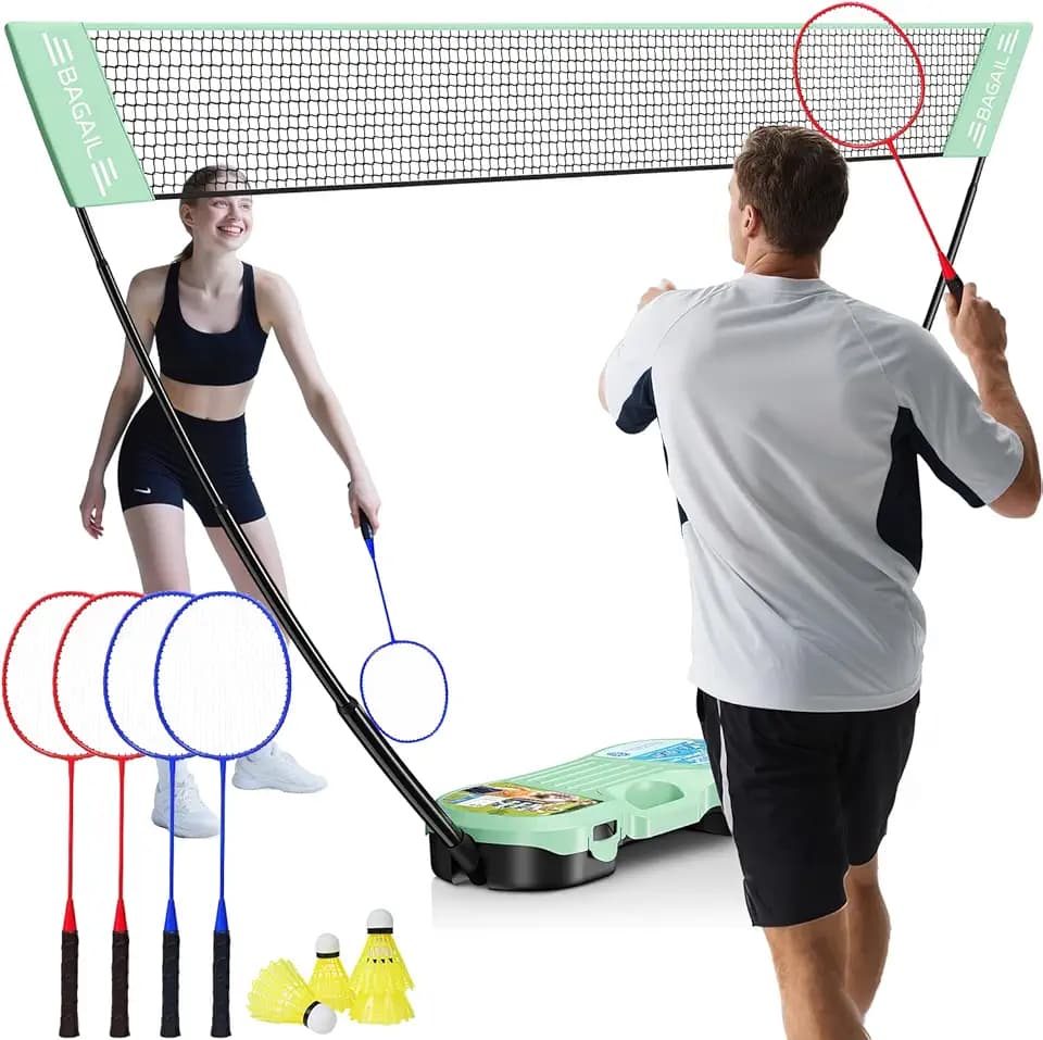 BAGAIL Set da Badminton Portatile - Borsa per riporre l'attrezzatura - Base autonoma - Installazione Rapida - Rete da Badminton con 4 Racchette e 4 volani per Giocare all'Interno e all'Esterno