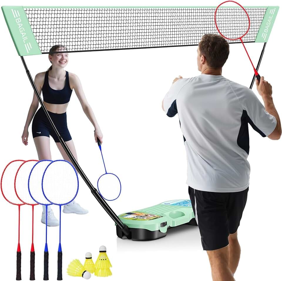 BAGAIL Set da Badminton Portatile - Borsa per riporre l'attrezzatura - Base autonoma - Installazione Rapida - Rete da Badminton con 4 Racchette e 4 volani per Giocare all'Interno e all'Esterno