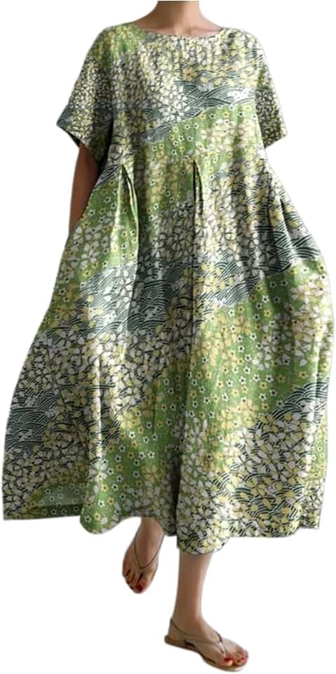 Vestito da Donna a Collo Tondo Lungo Casual Abito Estivo con Stampa Vacanza di Strada Abito a Maniche Corte(Verde-B,as6,Alpha,m,Regular,Regular)