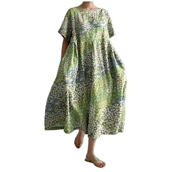 Vestito da Donna a Collo Tondo Lungo Casual Abito Estivo con Stampa Vacanza di Strada Abito a Maniche Corte(Verde-B,as6,Alpha,m,Regular,Regular)