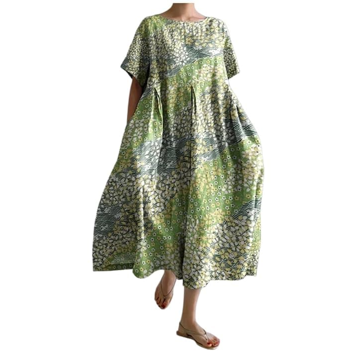 Vestito da Donna a Collo Tondo Lungo Casual Abito Estivo con Stampa Vacanza di Strada Abito a Maniche Corte(Verde-B,as6,Alpha,m,Regular,Regular)