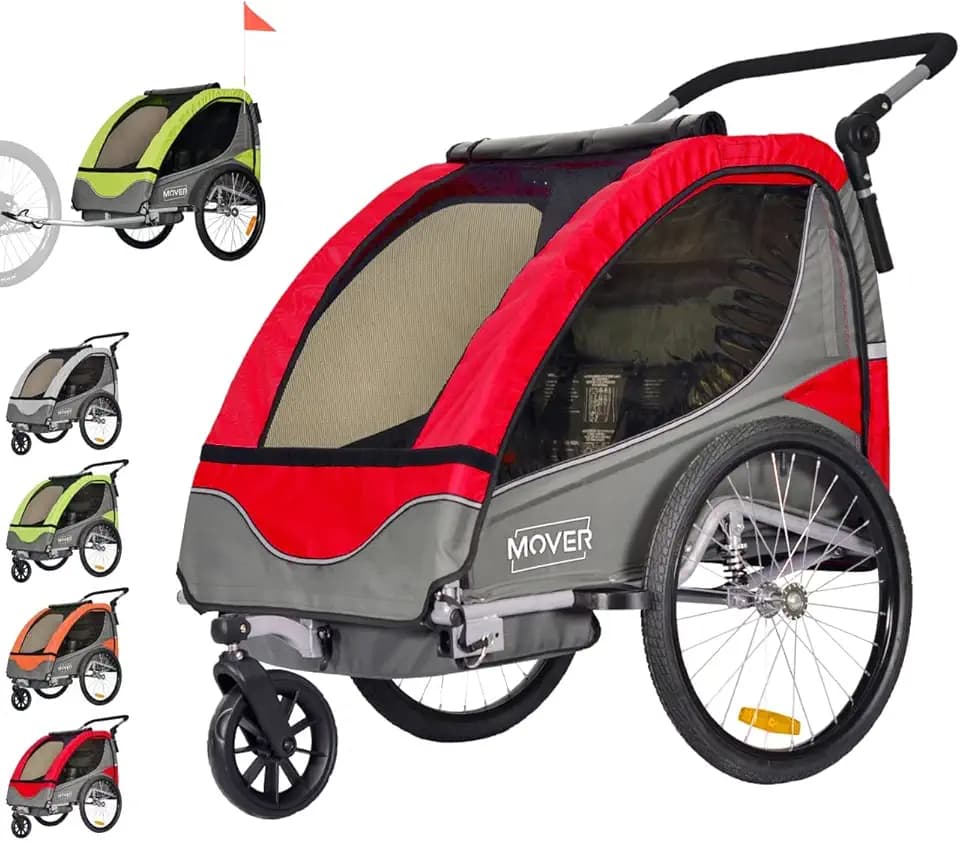 PAPILIOSHOP MOVER Rimorchio Bici per Bambini Passeggino. Anti Rovesciamento Barriera di protezione per le ruote finestre in PVC. 2 posti cintura di sicurezza a 5 punti porta oggetti sedile imbottito