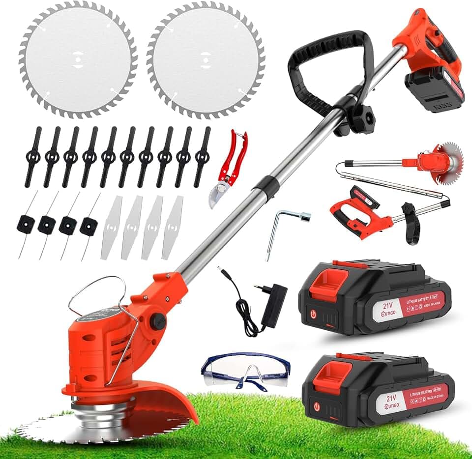 OUTIGO Tosaerba a batteria, Dotato di due batterie da 21 V, 4 lame, tosaerba triplo pieghevole, tosaerba da giardino a batteria per prati, arbusti e cespugli.