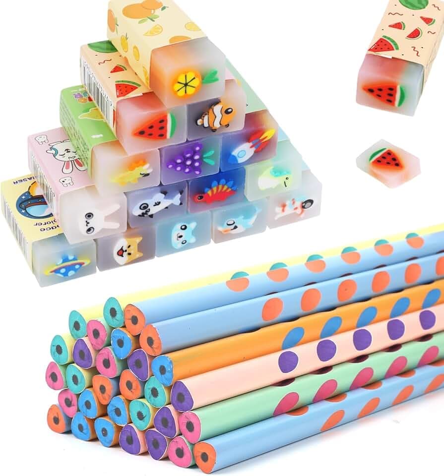 Gudotra 60 pezzi Gadget Compleanno Bambini 30 Matite Bambini con 30 Gomme Cancellare Regalini Fine Festa Compleanno Matite Divertente